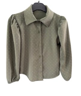 Legergroene blouse met steentjes.