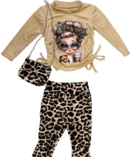 Leopard Legging Set velvet (Met Tasje) -Beige
