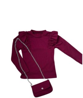 Ruffle Longsleeve met tasje- Bordeaux rood
