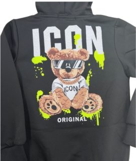 Icon joggingpak zwart met een beer op de achterkant.
